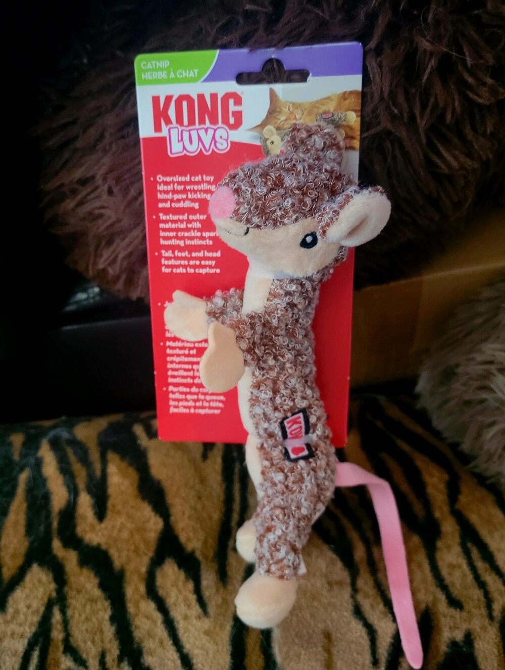 Kong Cat Luvs Brown Plush Cat Toy with Pink Tail Kicker Ea New!